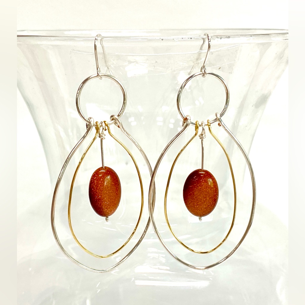 Handmade Genuine Goldstone Dangle Statement Earrings